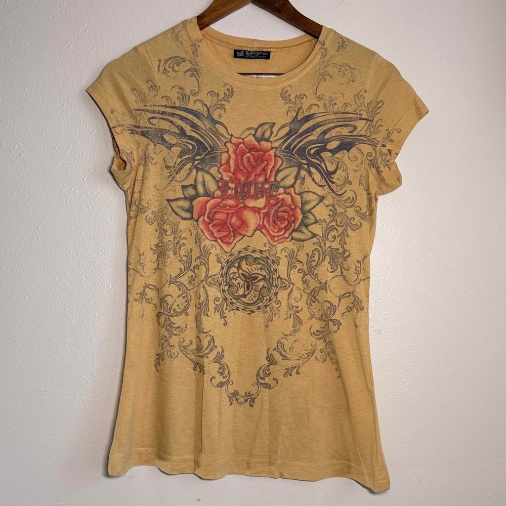 Vintage Y2K Self Esteem Women Size XL Tattoo Style Tee Angel Wings Roses Floral